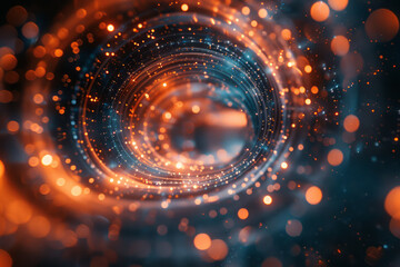 Poster - Scene of a lens with beams of light forming interconnected orbits, mimicking the movement of celestial bodies,