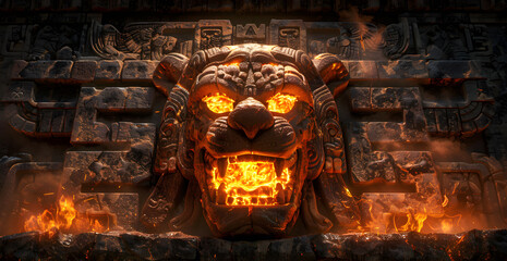 Wall Mural - A lion statue with a fire in its mouth