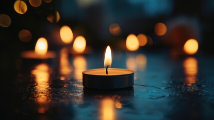 Close up of tealight candles burning on a dark table