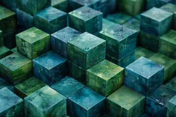 Poster - seamless isometric pattern of cascading cubes in shades of blue and green,