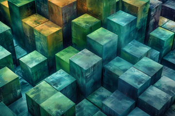 Poster - seamless isometric pattern of cascading cubes in shades of blue and green,