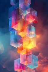 Poster - minimalist isometric design featuring floating parallelograms in a gradient of colors,