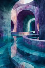 Poster - Minimalist isometric design featuring alternating circular arcs in cool, calming colors,