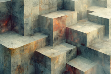 Poster - Abstract isometric background with layered rhombuses in neutral tones,