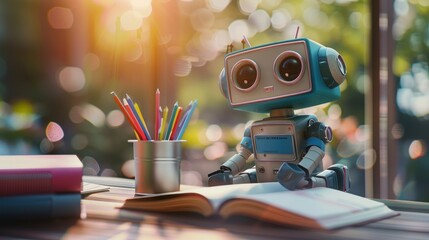 cute robot sits at a desk, does homework, cartoon style, android student, technological progress, school life and ai concept