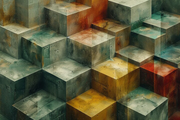 Poster - Abstract isometric background with layered rhombus prisms in earthy tones,