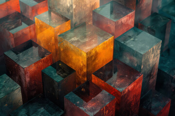 Poster - Abstract isometric background with layered rhombus prisms in earthy tones,
