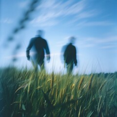 Aufkleber - Abstract Silhouettes of Two Blurry Figures in a Green, Windy Wheat Field with Blue Sky, Captured Using Long Exposure Photography