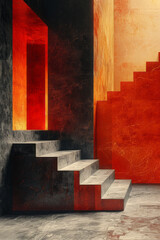 Poster - Minimalist isometric design with stepped lines forming an optical illusion,