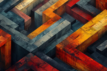 Poster - Abstract isometric background with layered straight lines in earthy tones,
