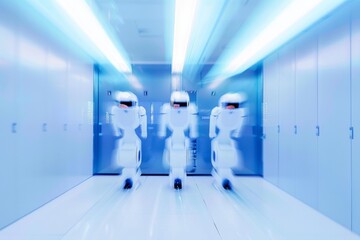 Aufkleber - Abstract Image of Three Robots in a Vibrant Blue Data Center Using Long Exposure Photography