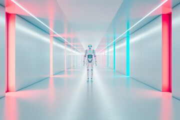Aufkleber - Abstract Blurred Vision Of A Robot Marching In A Symmetrical White Data Center With Vibrant Lighting, Captured Utilizing Long Exposure And Wide-Angle Lens Techniques