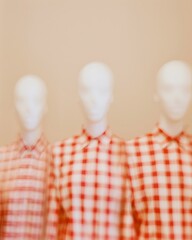 Aufkleber - Abstract Symmetrical Photo of Three Gingham-Clad Mannequins in Red and White, Captured in Pastel Beige Background with Blurry Artistic Style Using Long Exposure
