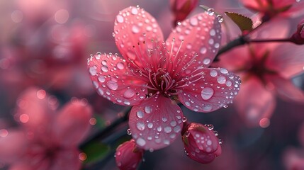 Canvas Print -   Pink flower close-up with water droplets and pink background