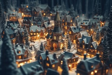 Wall Mural - Miniature Christmas village houses and snowfall. Festive background.