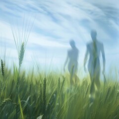 Aufkleber - Abstract Silhouettes of Two People in Symmetrical Composition, Immersed in a Blurry Green Meadow Under Blue Sky Using Long Exposure