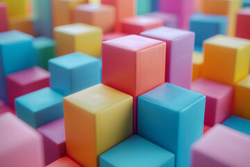 Poster - Minimalist isometric design featuring floating cubes in a gradient of colors,