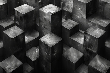 Poster - Abstract isometric background with tessellating cubes in monochrome shades,