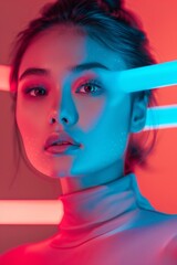 Poster - Dedicated Young East Asian Female Programmer Engaged in Advanced AI Coding on a Futuristic Computer in a Modern Tech Environment
