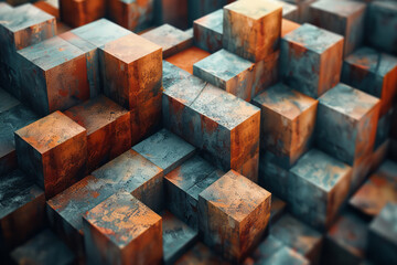 Poster - Abstract isometric background with layered cube prisms in earthy tones,