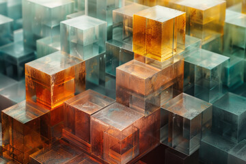 Poster - Abstract isometric background with layered cube prisms in earthy tones,