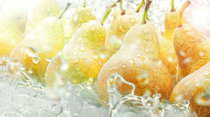 Wall Mural -   A group of pears resting atop a table beside water droplets on a glass surface