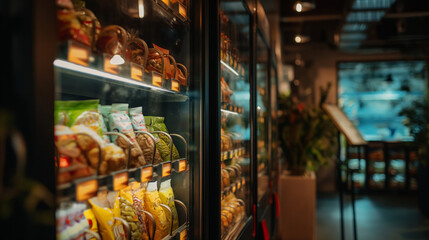 A vending machine stocked with healthy snacks and drinks for workers. Dynamic and dramatic composition, with cope space