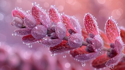 Wall Mural -   Pink flower with droplets on petals, blurred background