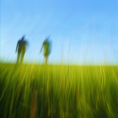 Aufkleber - Symmetrical Blurred Image of Two People in Summer Field at Daytime: Abstract, High-Definition Long Exposure Photography