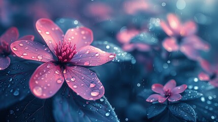 Wall Mural -   Pink flower with water drops on close-up and green leaf in foreground