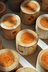 Aufkleber - Minimalist isometric pattern featuring wooden textured cylinders on a soft beige background,