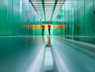 Poster - Abstract Blurry Image of Two Gender-Neutral Technology Workers in a Vibrant Green Data Center with Symmetrical Server Background