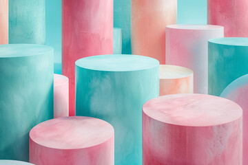 Aufkleber - Minimalist isometric background with pastel pink and mint green cylinders,