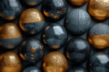 Aufkleber - Abstract isometric pattern with black and gold spherical shapes in a geometric arrangement,