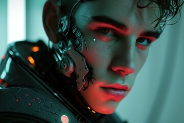 Poster - Closeup of a man with advanced cybernetic enhancements and a piercing gaze