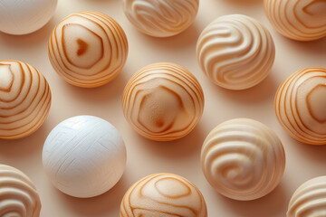 Aufkleber - Minimalist isometric pattern featuring wooden textured spheres on a soft beige background,