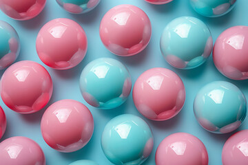 Poster - Minimalist isometric background with pastel pink and mint green spheres,