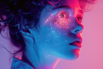 Wall Mural - Portrait of a woman with glowing digital graphics overlaying her face, in neon lights