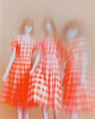 Aufkleber - Abstract Blur of Three Gingham-Clad Mannequins in Red and White Dresses Against Pastel Beige Background