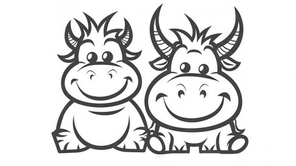 Wall Mural -   Black and white sketch of two cows sharing a pasture, adorned with horns on their foreheads