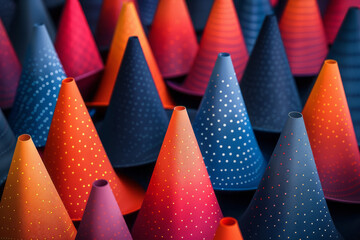 Fototapete - A seamless pattern of isometric cones with a gradient fill, transitioning from light to dark,