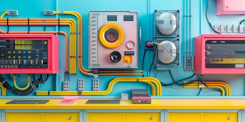 Poster - Intricate Data Center Infrastructure Illustration: Servers, Cables, and Cooling Systems in a Colorful, Organized Pattern