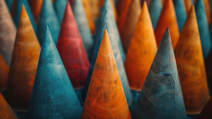 Poster - A pattern of isometric cones with their tips aligned, creating a unified directional flow,