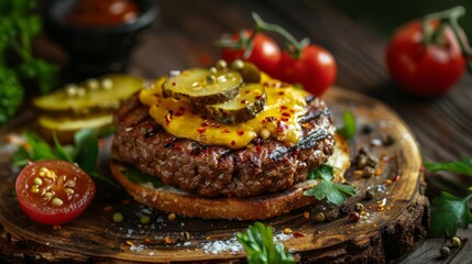 Wall Mural - openfaced hamburger on rye bread with pickles and mustard wide format food photography