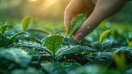 Poster - Close-up of a hand picking a dew-covered tea leaf on a rainy day, AI-generated.