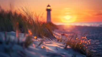 Poster - Serene view of a lighthouse during sunset, framed by sand dunes and coastal grass, AI-generated.