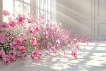 Wall Mural - A room with a window and a bunch of pink flowers