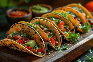 A plate of tacos with a variety of toppings including lettuce, tomatoes