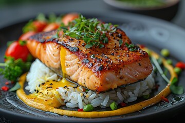 Wall Mural - A plate of food with a piece of salmon on top of rice