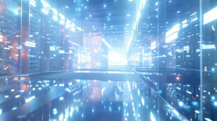 Poster - Energetic Atmosphere in a Modern Data Center with Glowing LED Server Lights, Signifying Cutting-Edge Technology in Data Infrastructure